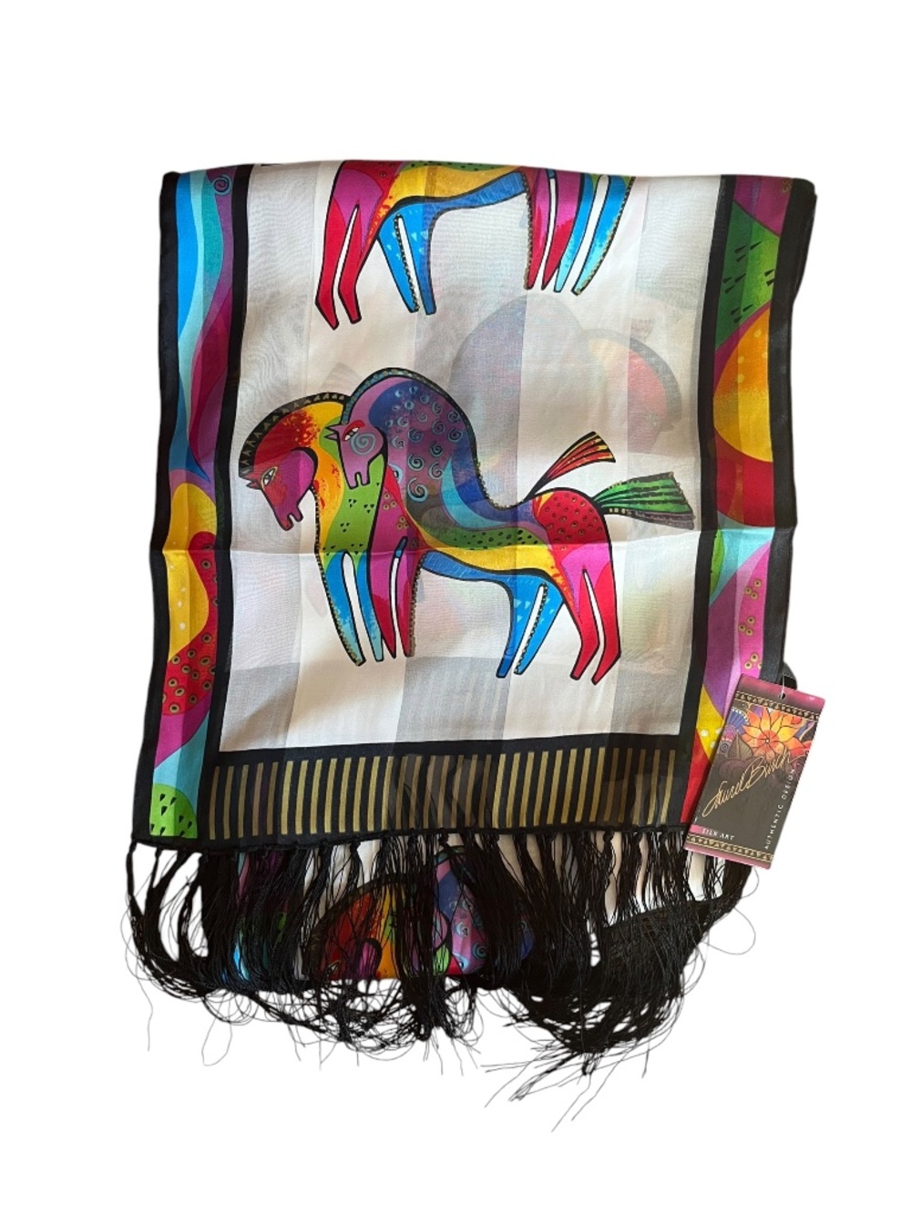 NWT Laurel Burch White Rainbow Horses Fringed 100% Silk Scarf 11" x 53"